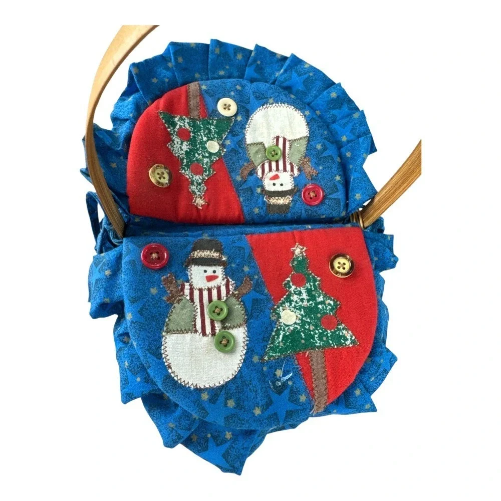 Vintage Handmade Primitive Christmas Basket Snowman Tree Print Fabric Line Small